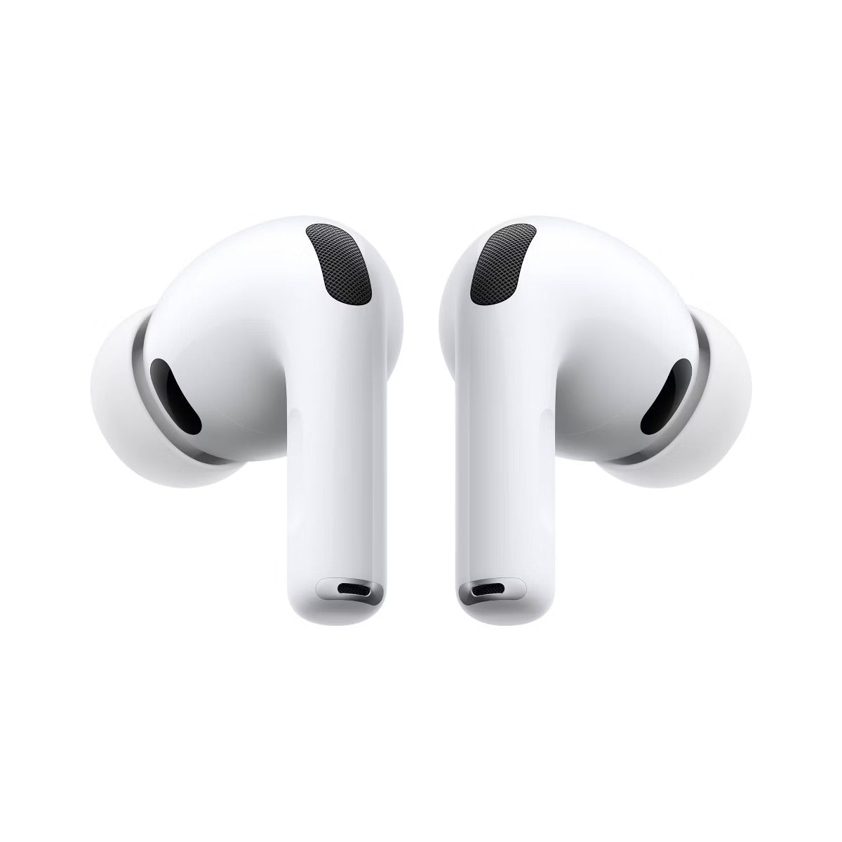 White AirPods Pro 3 earbuds viewed from the front