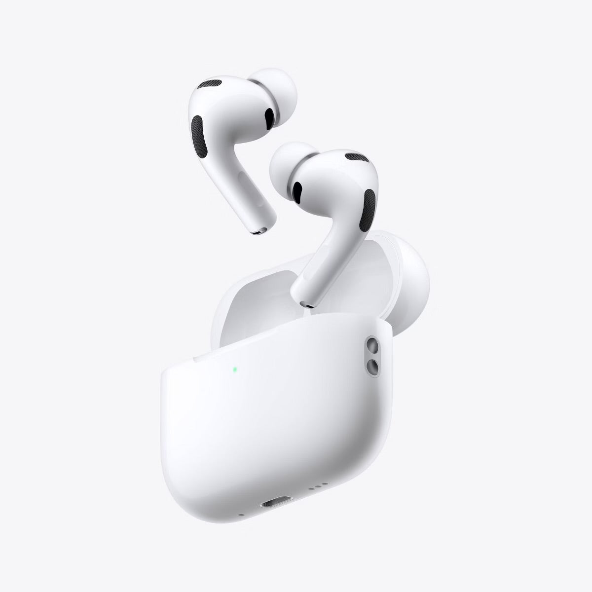 White earbuds above their matching open case