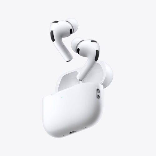 White earbuds above their matching open case